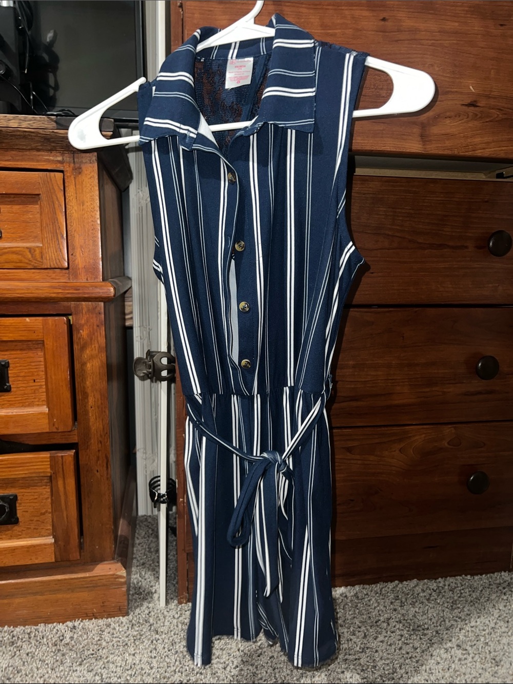 No Boundaries Navy and White Striped Sleeveless Jumpsuit Romper